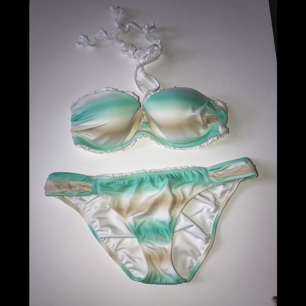 Last Call! Victoria’s Secret Green, Tan & White Bikini with Lace Tie